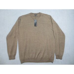 Merino Wool Sweater Mens Large 52 Brown Knit Long Sleeve Codice V-Neck Pullover